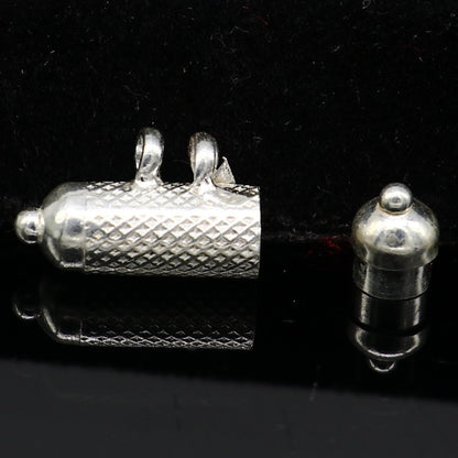 Handmade 925 sterling silver round amulet box pendant with engraved mantra design, tribal ornament jewelry.