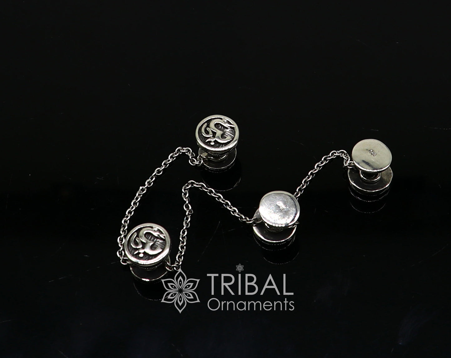 925 Sterling silver handmade Aum OM design buttons or cufflinks by TRIBAL ORNAMENTS, perfect for kurtas or gifting jewelry.
