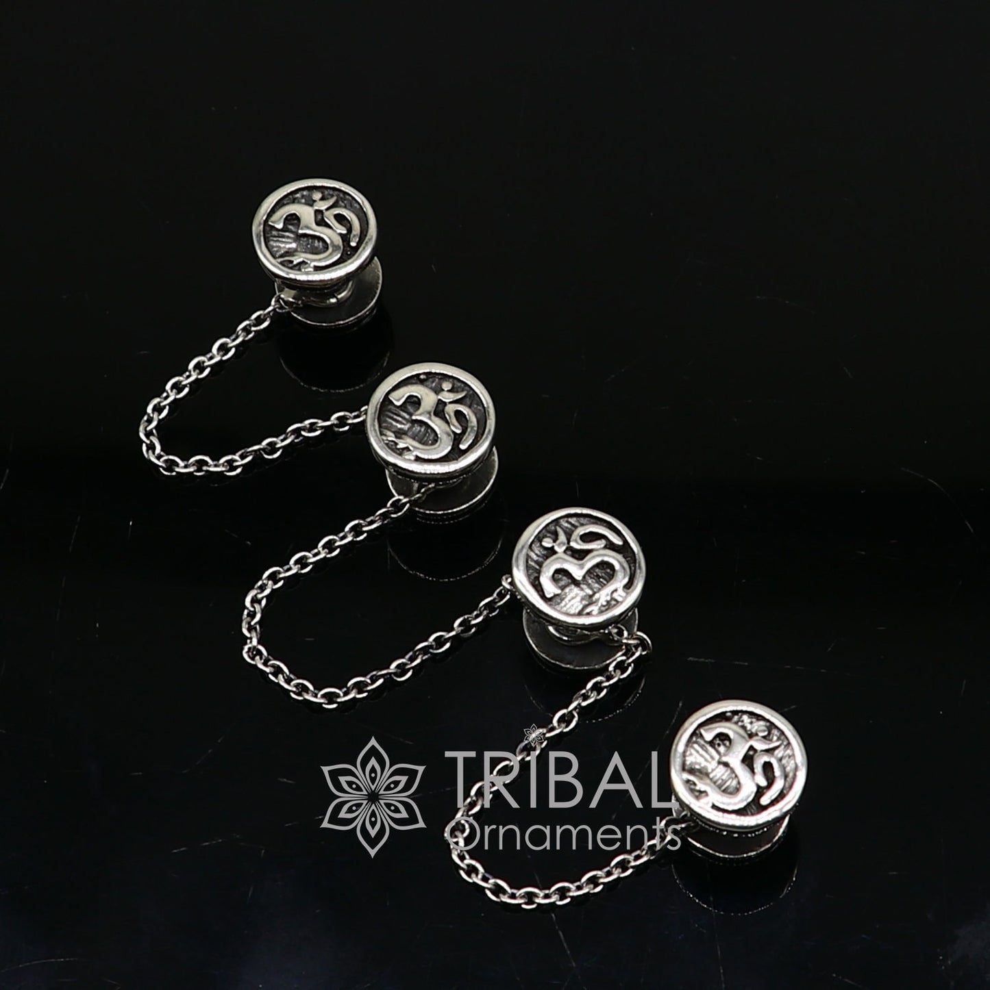 925 Sterling silver handmade Aum OM design cufflinks or buttons by TRIBAL ORNAMENTS for kurtas, high-quality and stylish jewelry accessory.