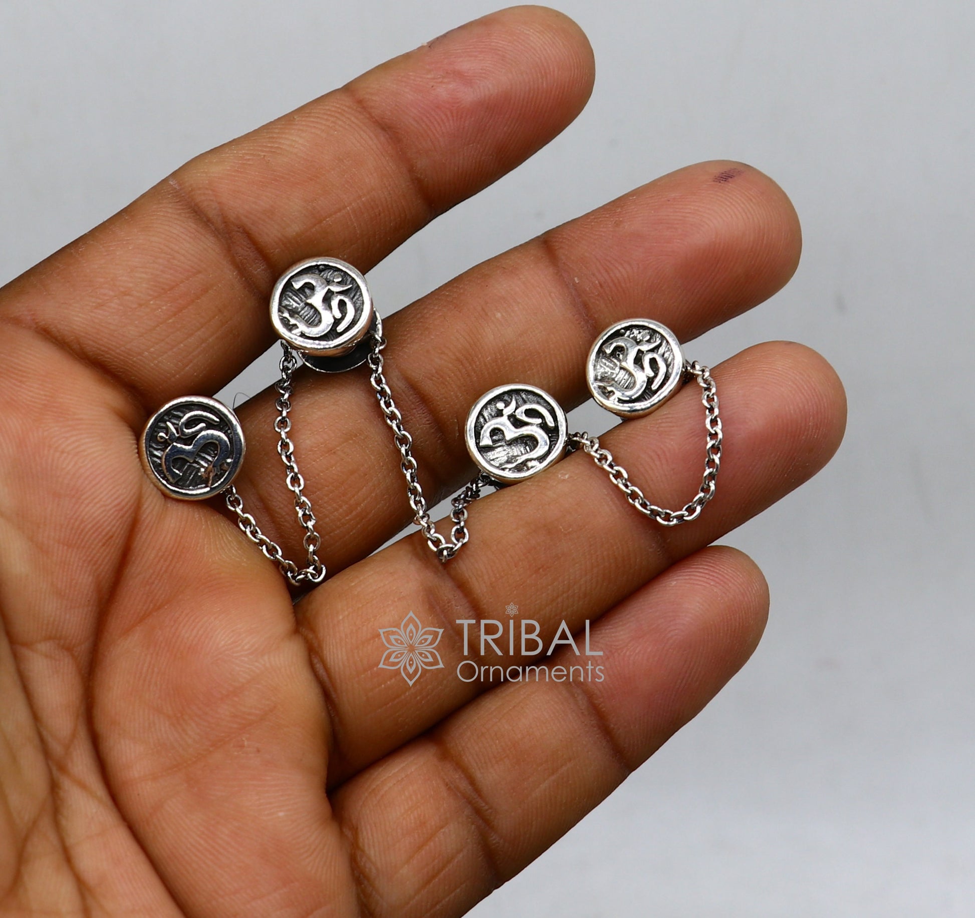 925 Sterling silver handmade OM sign cufflinks by TRIBAL ORNAMENTS, featuring high-quality traditional design for kurtas.