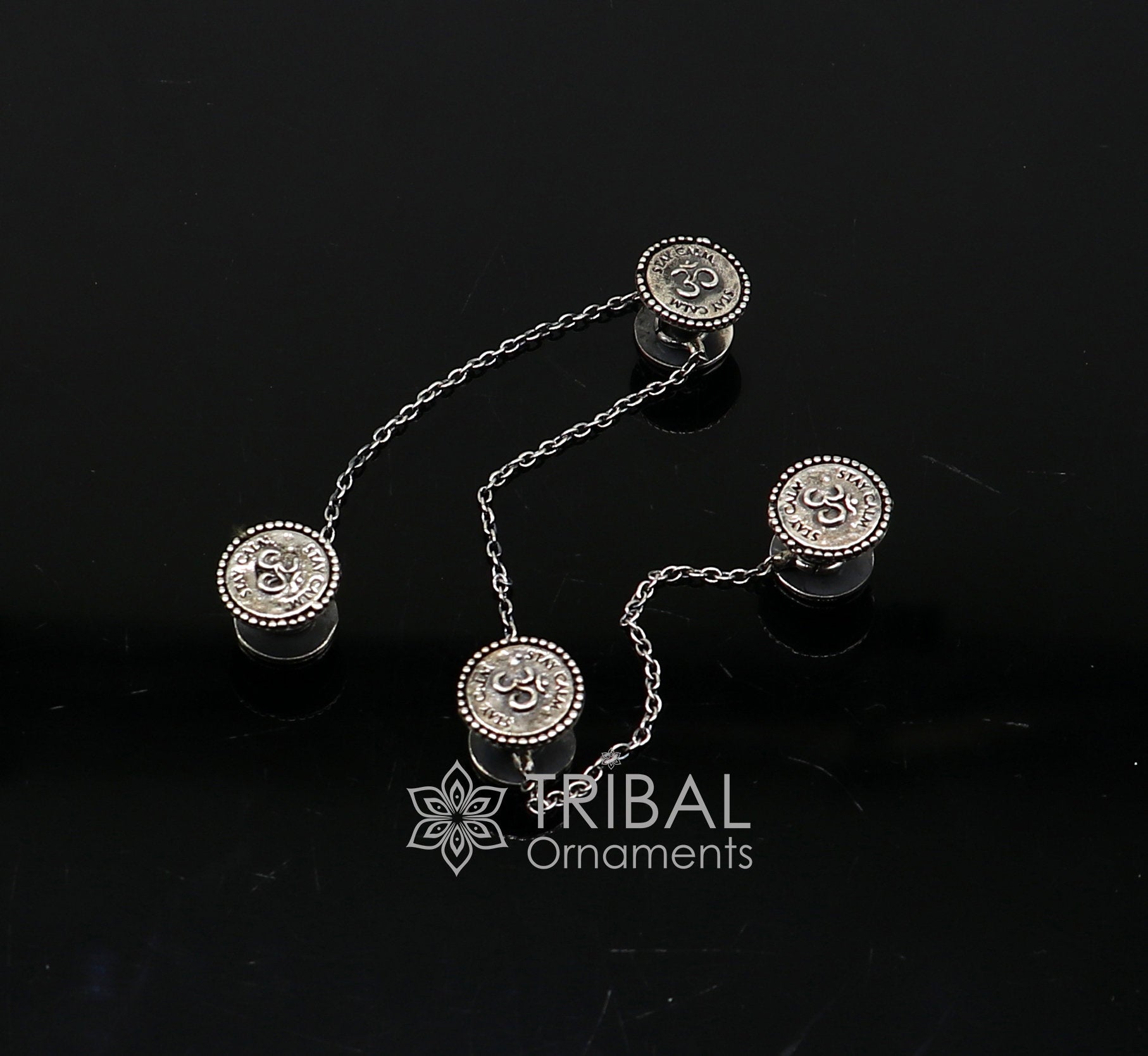 925 Sterling silver handmade Aum OM design cufflinks or buttons from TRIBAL ORNAMENTS, featuring intricate tribal jewelry craftsmanship.