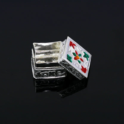 925 sterling silver handmade trinket box with floral enamel design, small jewelry casket or gift container from TRIBAL ORNAMENTS.