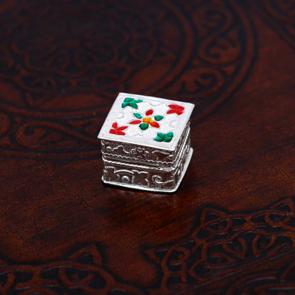 925 sterling silver handmade small trinket box with floral enamel work, decorative casket container by TRIBAL ORNAMENTS