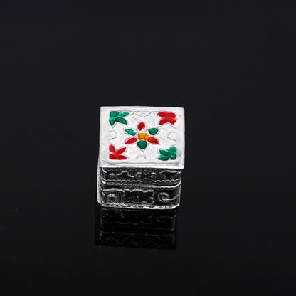 Handmade 925 sterling silver trinket box with floral enamel design, small casket-style jewelry and gift container by TRIBAL ORNAMENTS.