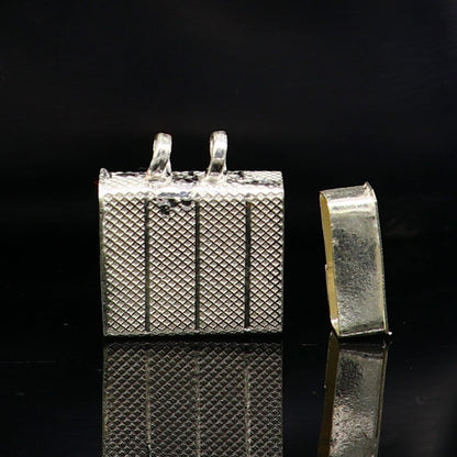 925 sterling silver square-shaped amulet box pendant with intricate handmade design, tribal ornament style, mantra box, and kavacham.