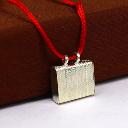 Handmade 925 sterling silver square amulet box pendant with intricate design, tribal style mantra box for spiritual protection.