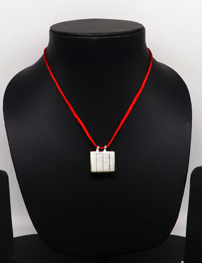 925 silver square amulet box pendant with intricate handmade tribal design, mantra box, and silver tabiz kavacham.