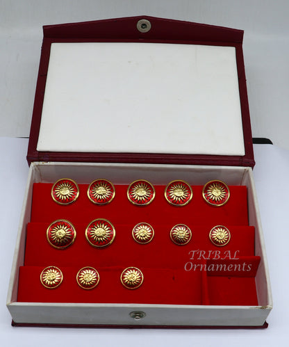 Set of 13 handmade 925 sterling silver sun face design buttons for men's coat or suit, crafted by TRIBAL ORNAMENTS.