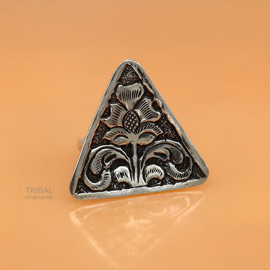 925 sterling silver handmade gorgeous triangle shape adjustable ring band, unisex stylish gifting chitai work tribal ethnic jewelry sr301 - TRIBAL ORNAMENTS