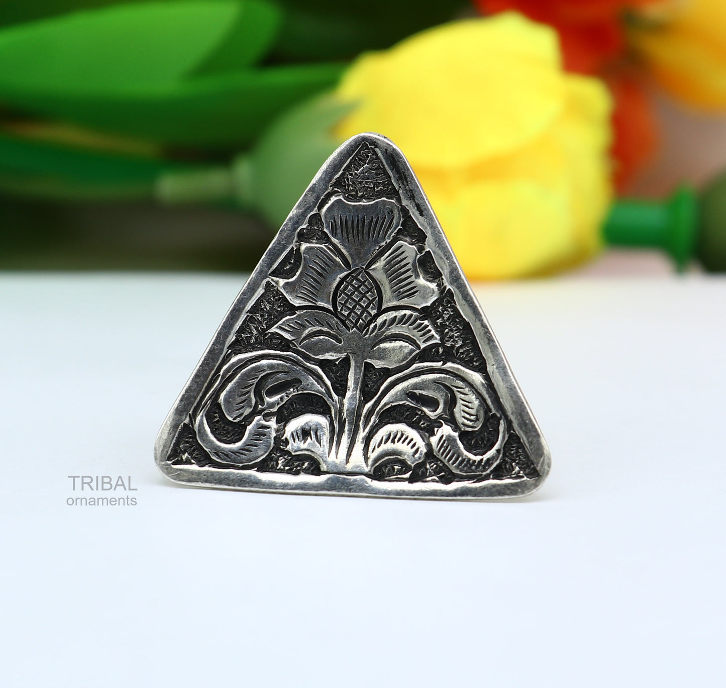 925 sterling silver handmade gorgeous triangle shape adjustable ring band, unisex stylish gifting chitai work tribal ethnic jewelry sr301 - TRIBAL ORNAMENTS