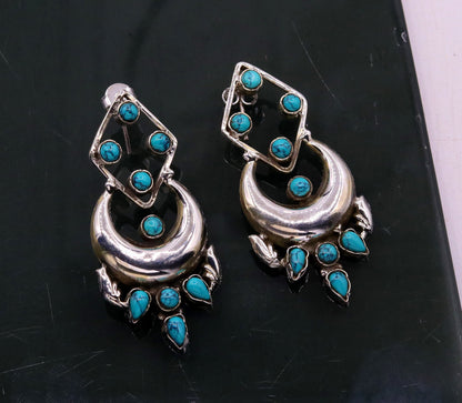 Sterling silver handmade turquoise stud earring with drop dangle design, personalized jewelry by TRIBAL ORNAMENTS, ideal gift for girls