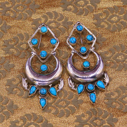 925 Sterling silver turquoise stud earring with drop dangle design, handmade tribal jewelry, personalized gift for girls.