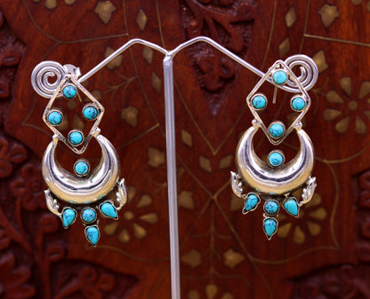 925 Sterling silver handmade turquoise stud earring with drop dangle design, personalized jewelry by TRIBAL ORNAMENTS.
