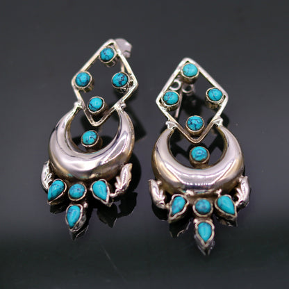 925 Sterling silver turquoise stone stud earring with drop dangle design, handmade, personalized jewelry by TRIBAL ORNAMENTS.