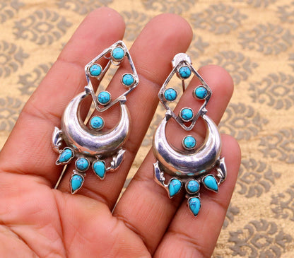 Sterling silver handmade turquoise stud earring with drop dangle design, personalized jewelry by TRIBAL ORNAMENTS.