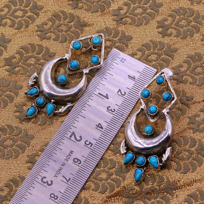Sterling silver handmade turquoise stud earring with drop dangle design, personalized jewelry by TRIBAL ORNAMENTS.