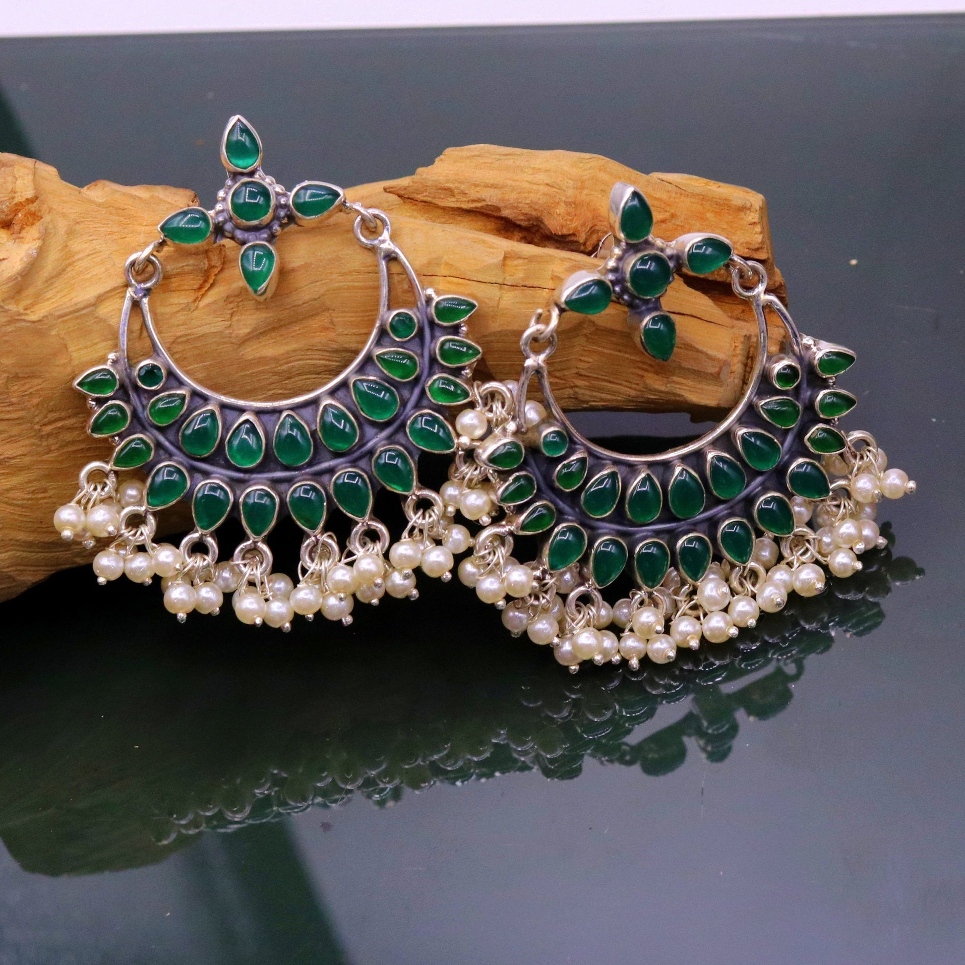 925 sterling silver handmade Green onyx stylish customized chandelier drop dangle stud earring hanging pearls bridesmaid tribal jewelry s719 - TRIBAL ORNAMENTS