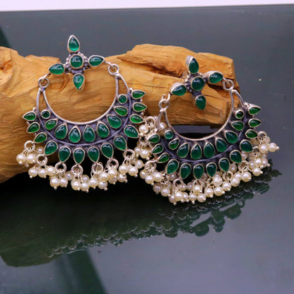 925 sterling silver handmade Green onyx stylish customized chandelier drop dangle stud earring hanging pearls bridesmaid tribal jewelry s719 - TRIBAL ORNAMENTS