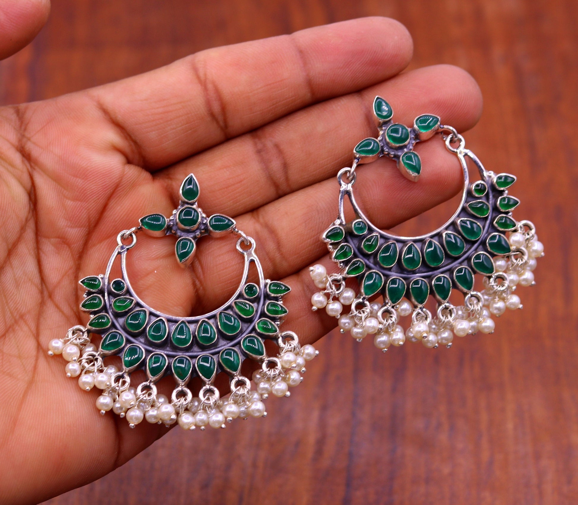 925 sterling silver handmade Green onyx stylish customized chandelier drop dangle stud earring hanging pearls bridesmaid tribal jewelry s719 - TRIBAL ORNAMENTS