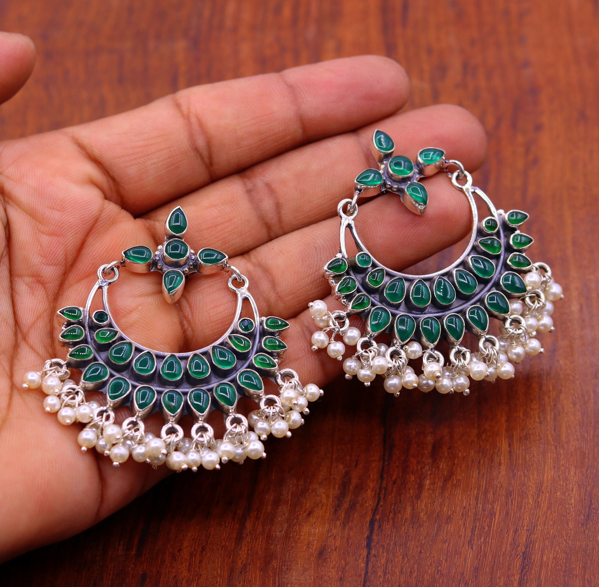 925 sterling silver handmade Green onyx stylish customized chandelier drop dangle stud earring hanging pearls bridesmaid tribal jewelry s719 - TRIBAL ORNAMENTS