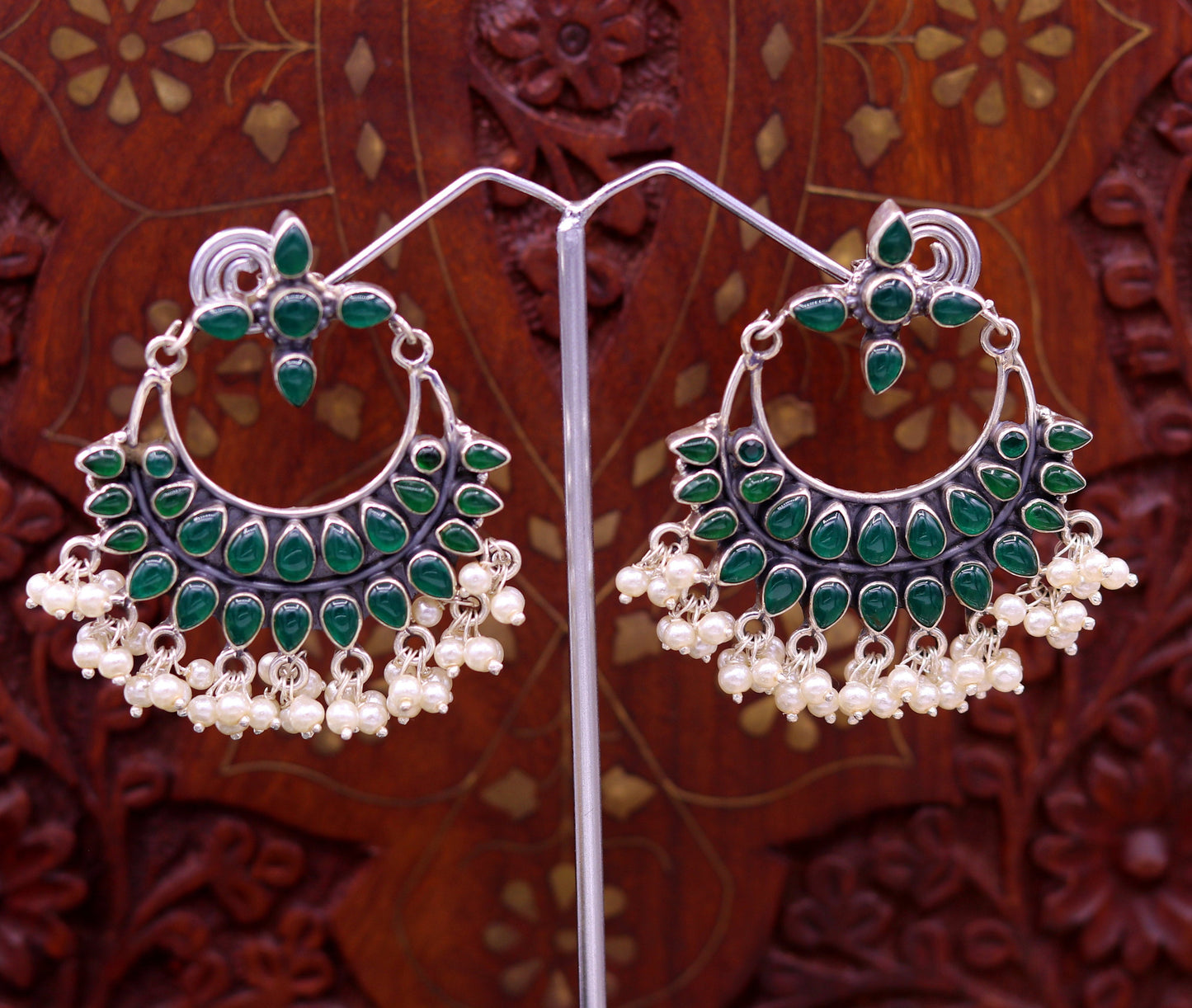 925 sterling silver handmade Green onyx stylish customized chandelier drop dangle stud earring hanging pearls bridesmaid tribal jewelry s719 - TRIBAL ORNAMENTS