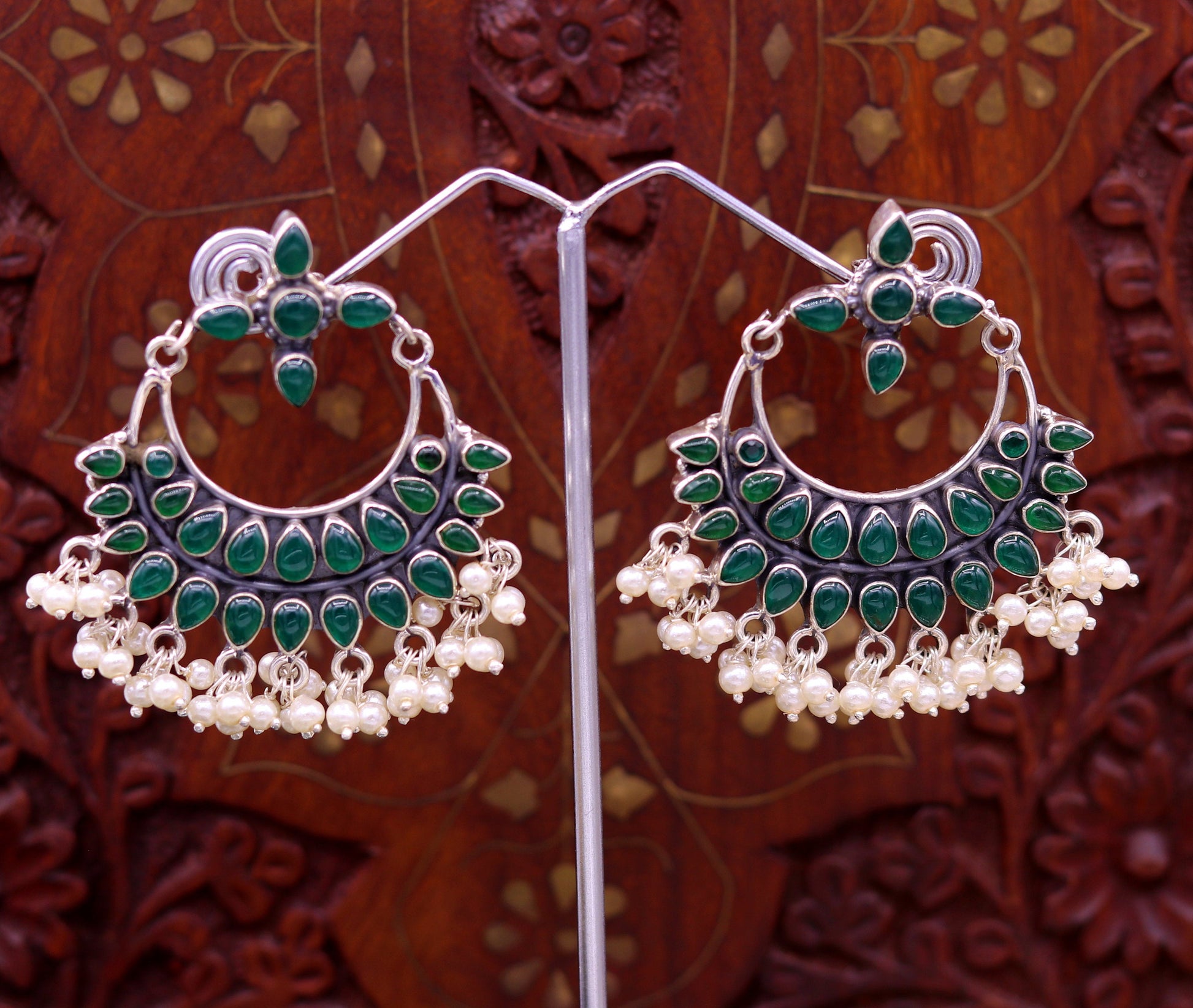 925 sterling silver handmade Green onyx stylish customized chandelier drop dangle stud earring hanging pearls bridesmaid tribal jewelry s719 - TRIBAL ORNAMENTS