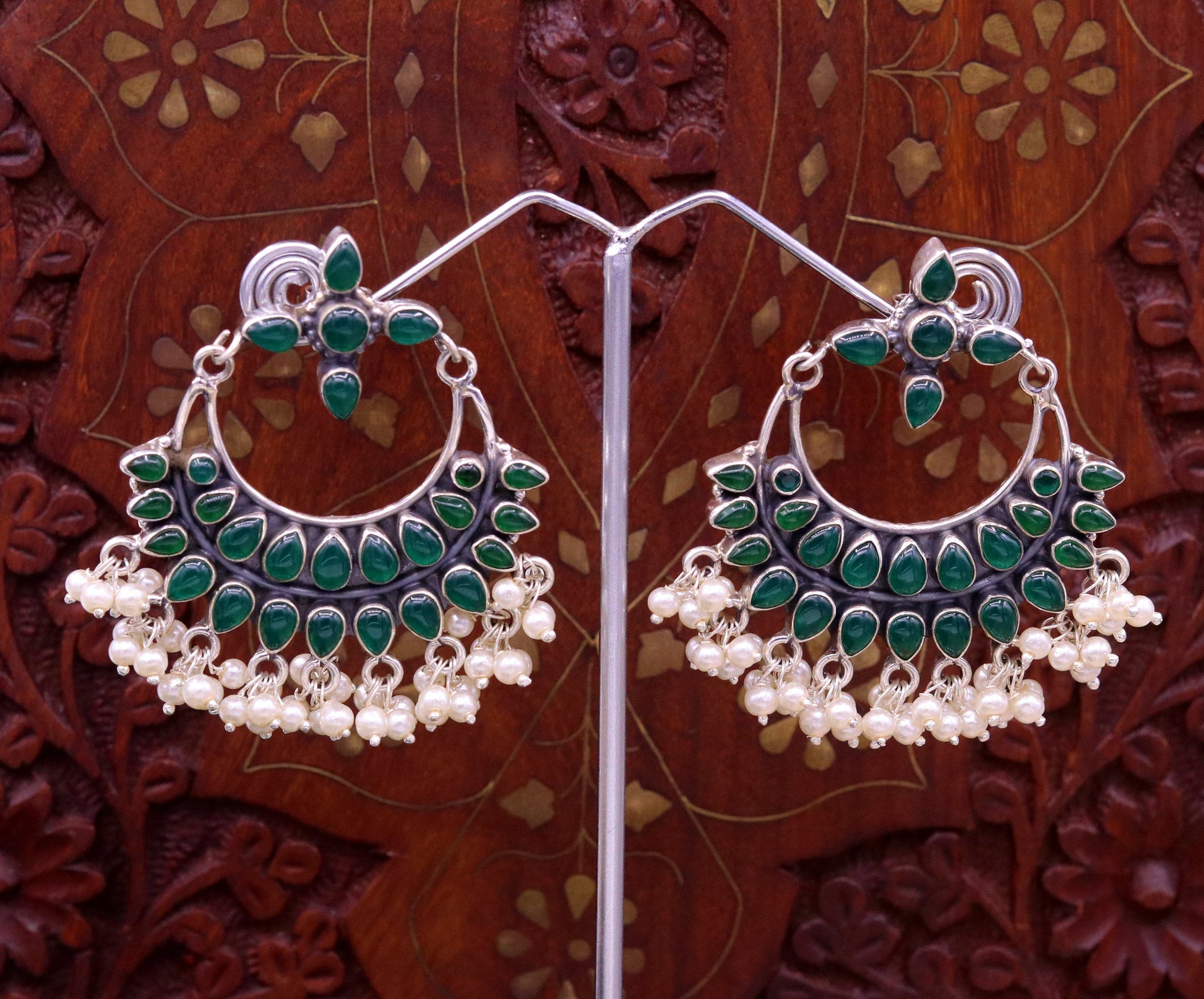 925 sterling silver handmade Green onyx stylish customized chandelier drop dangle stud earring hanging pearls bridesmaid tribal jewelry s719 - TRIBAL ORNAMENTS