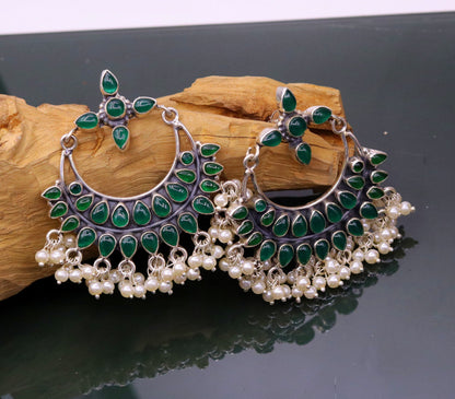 925 sterling silver handmade Green onyx stylish customized chandelier drop dangle stud earring hanging pearls bridesmaid tribal jewelry s719 - TRIBAL ORNAMENTS