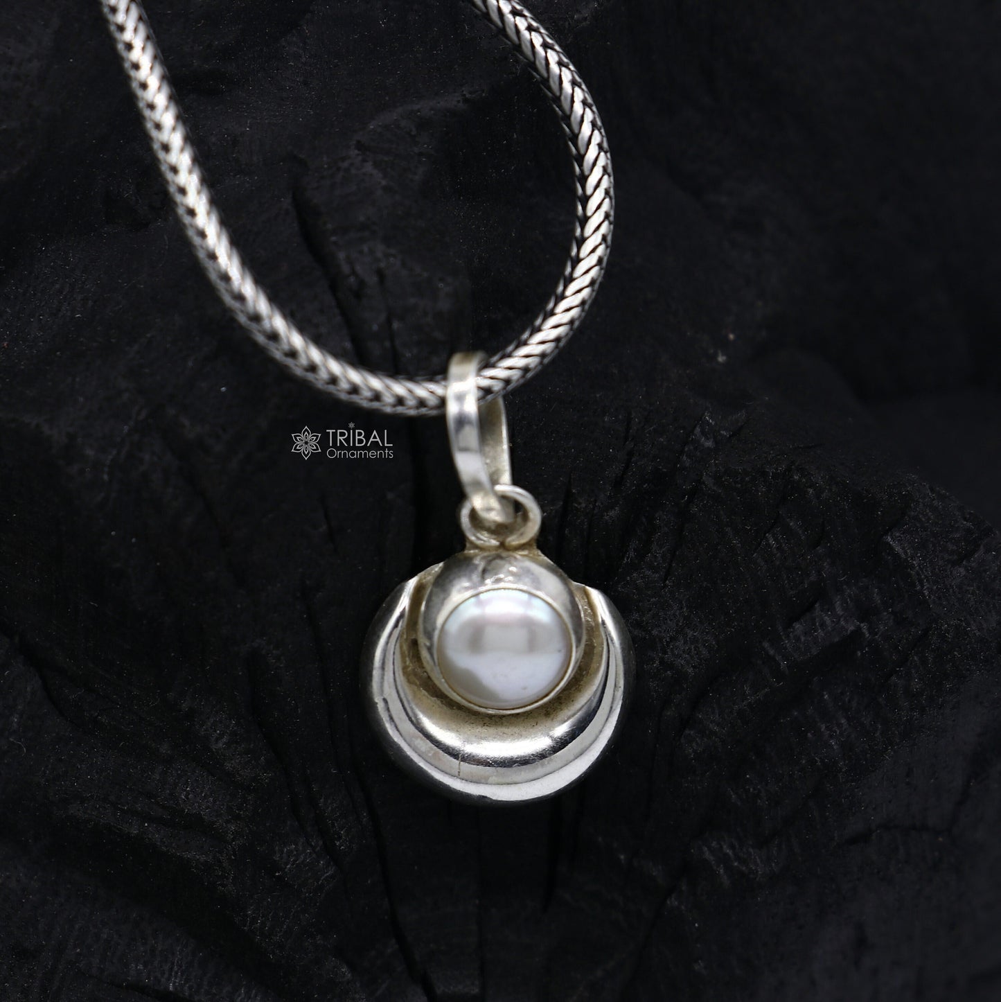 925 sterling silver half moon pendant with natural pearl, unisex jewelry from Tribal Ornaments, handmade moon pendant for gifting.