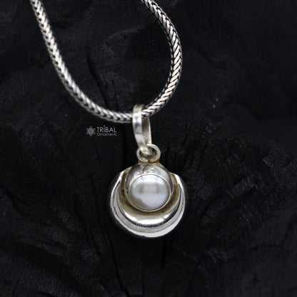 925 sterling silver half moon pendant with natural pearl, unisex jewelry from Tribal Ornaments, handmade moon pendant for gifting.