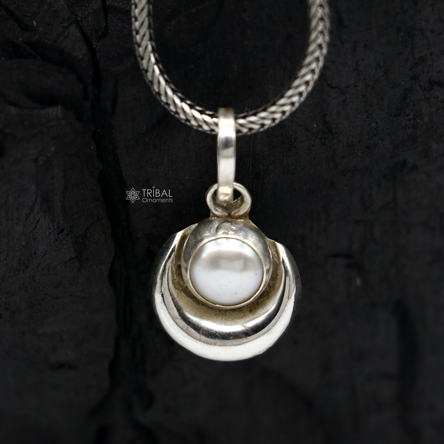 925 sterling silver half moon pendant with natural pearl, unisex tribal jewelry, handcrafted from India by Tribal Ornaments.