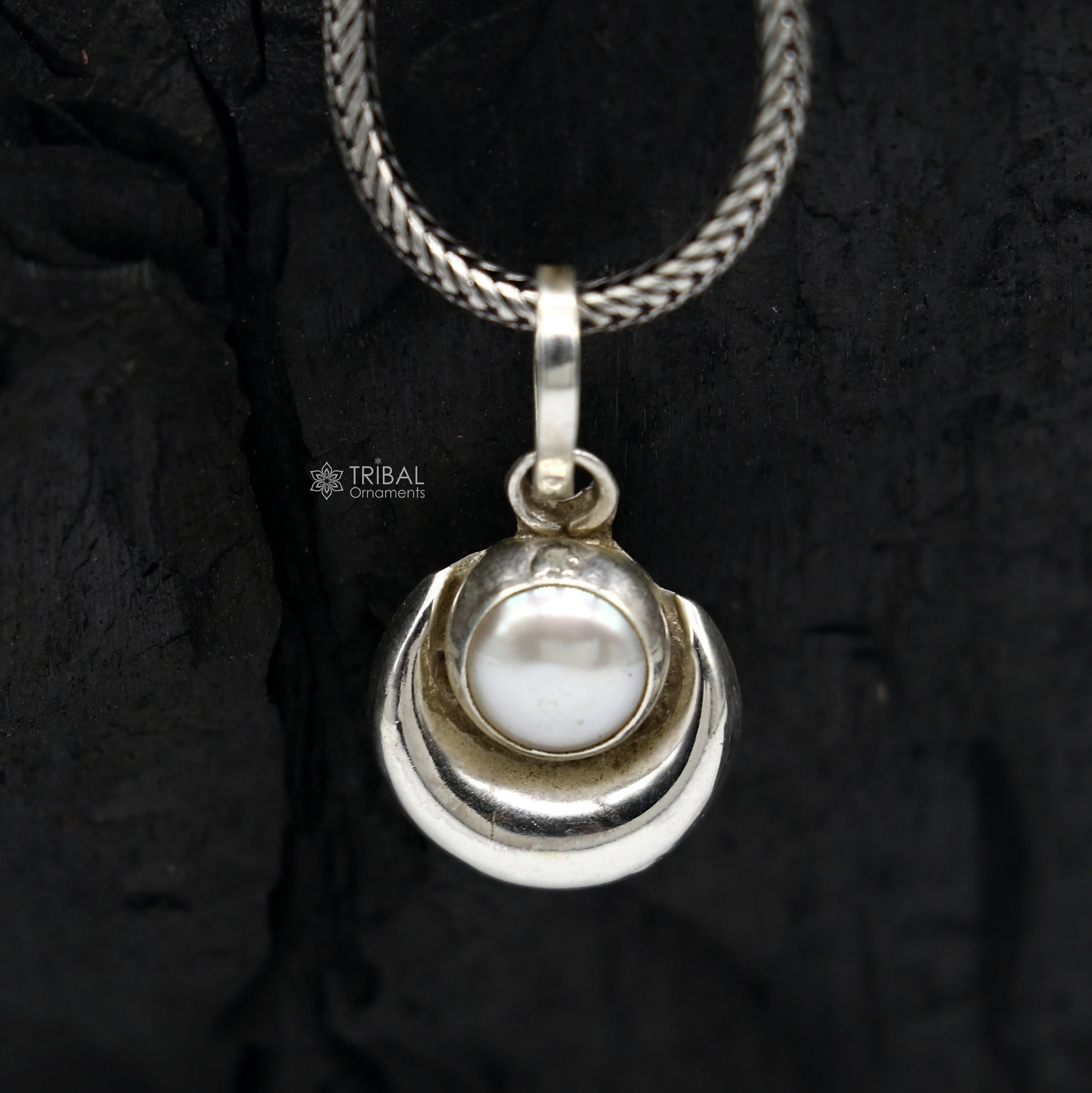 925 sterling silver half moon pendant with natural pearl, unisex tribal jewelry, handcrafted from India by Tribal Ornaments.