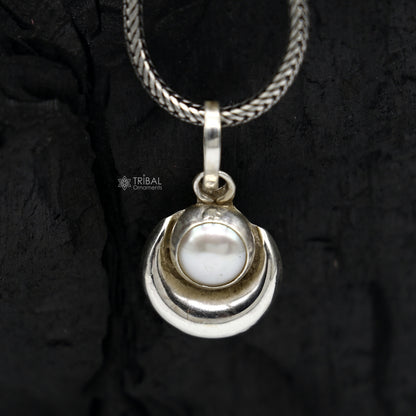925 sterling silver half moon pendant with natural pearl, unisex tribal jewelry, handcrafted from India by Tribal Ornaments.