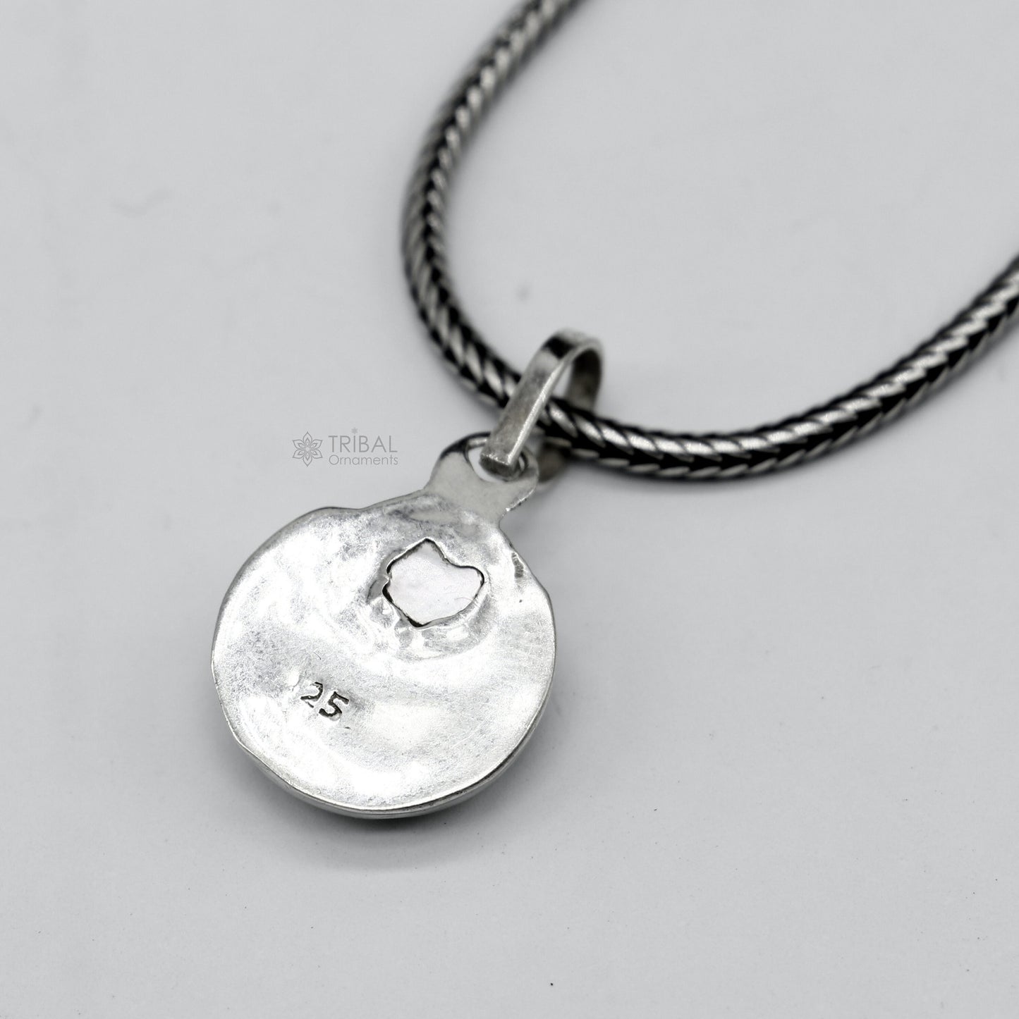 925 sterling silver half moon pendant with natural pearl, unisex tribal jewelry, handmade from India, perfect for gifting.