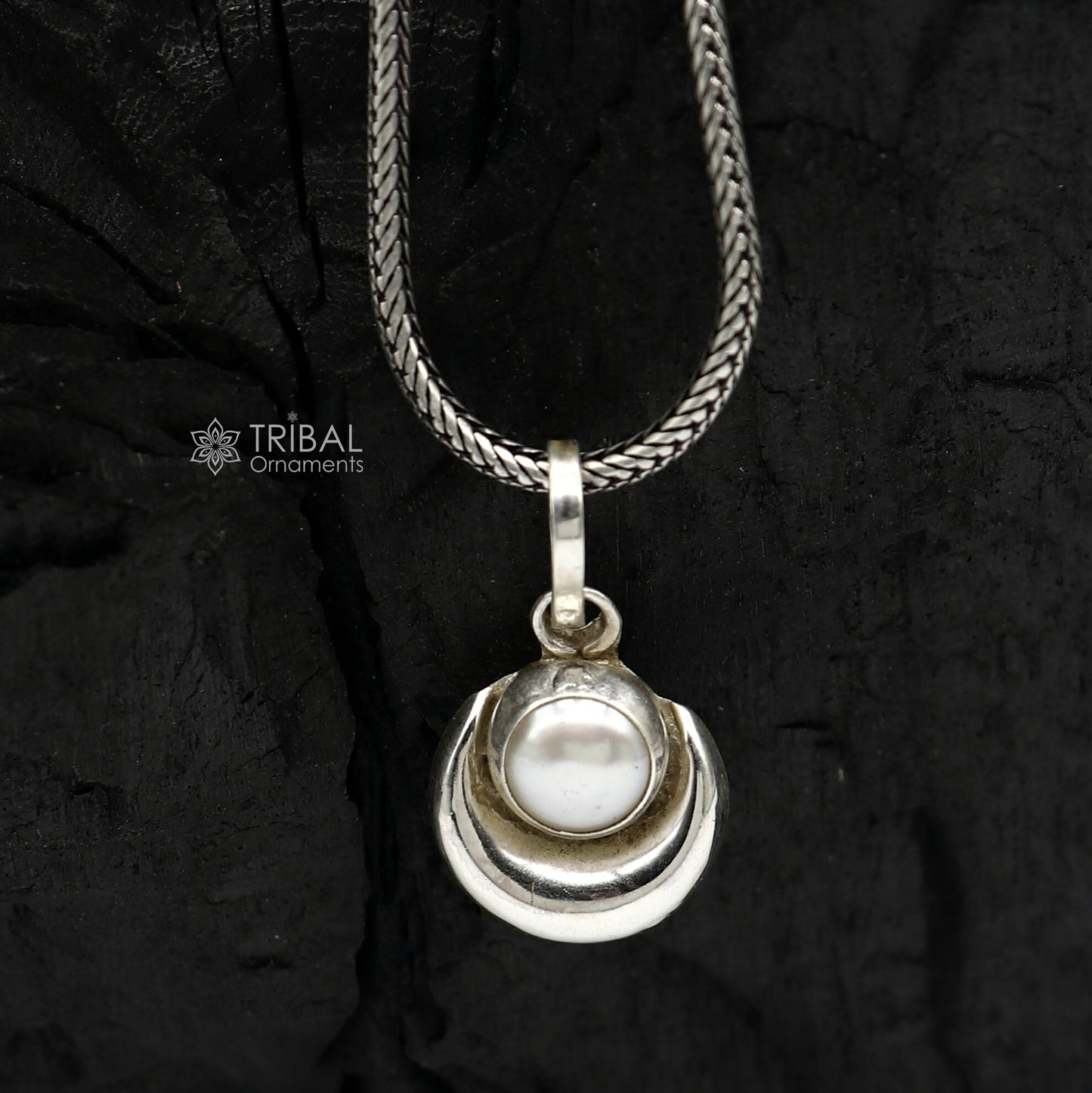 925 sterling silver half moon pendant with natural pearl, unisex jewelry by TRIBAL ORNAMENTS, showcasing handmade design and elegant detail