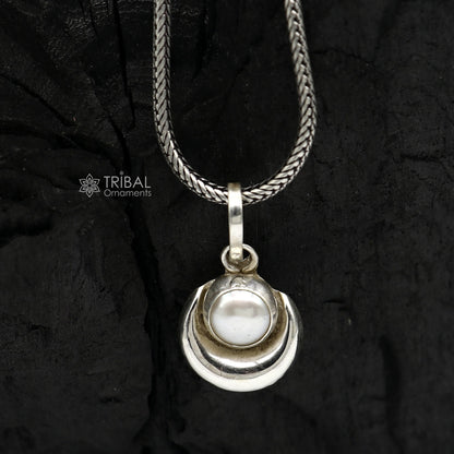 925 sterling silver half moon pendant with natural pearl, unisex jewelry by TRIBAL ORNAMENTS, showcasing handmade design and elegant detail