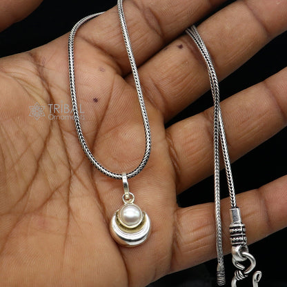 925 sterling silver half moon pendant with a natural pearl, unisex jewelry by TRIBAL ORNAMENTS, perfect for gifting.