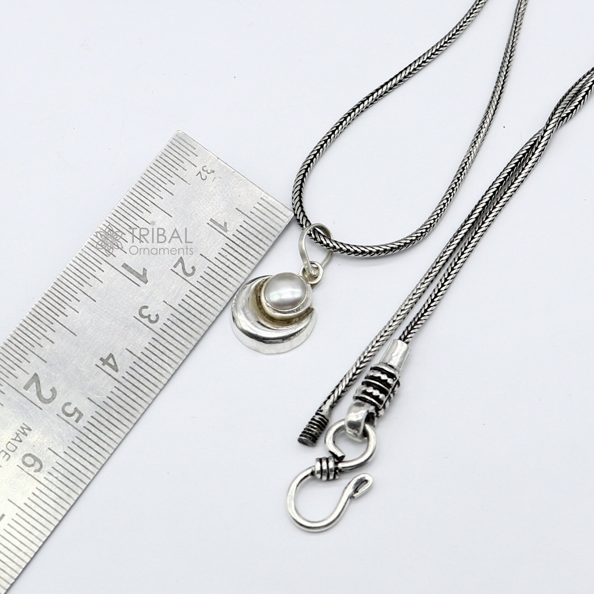 925 sterling silver half moon pendant with natural pearl, unisex tribal jewelry, handcrafted from India by Tribal Ornaments.