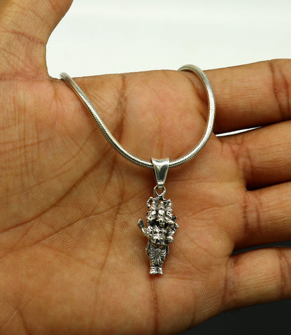 925 sterling silver standing Ganesha idol pendant, handmade Hindu jewelry, unisex blessing gift, tribal ornament style.
