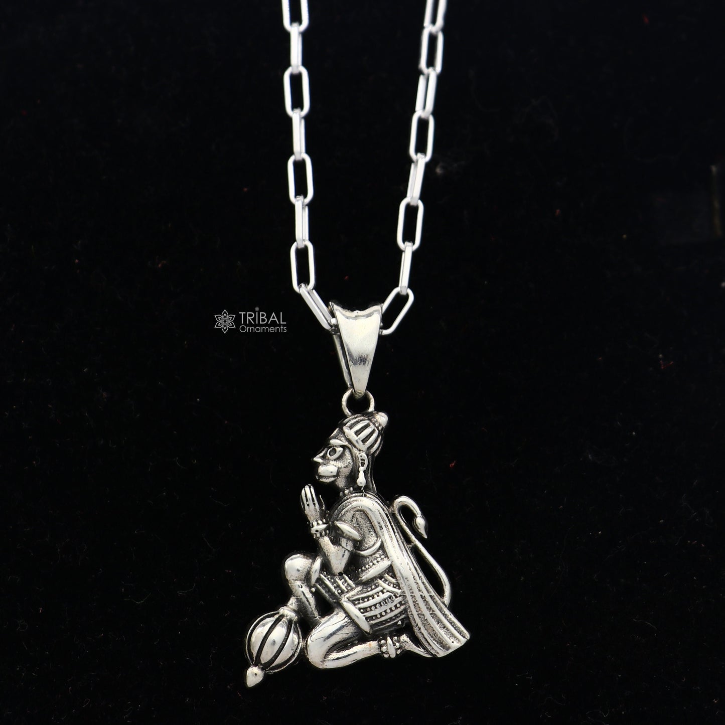 925 sterling silver Lord Hanuman pendant, handmade Hindu idol jewelry, unisex divine Bajrangbali pendant from Tribal Ornaments.