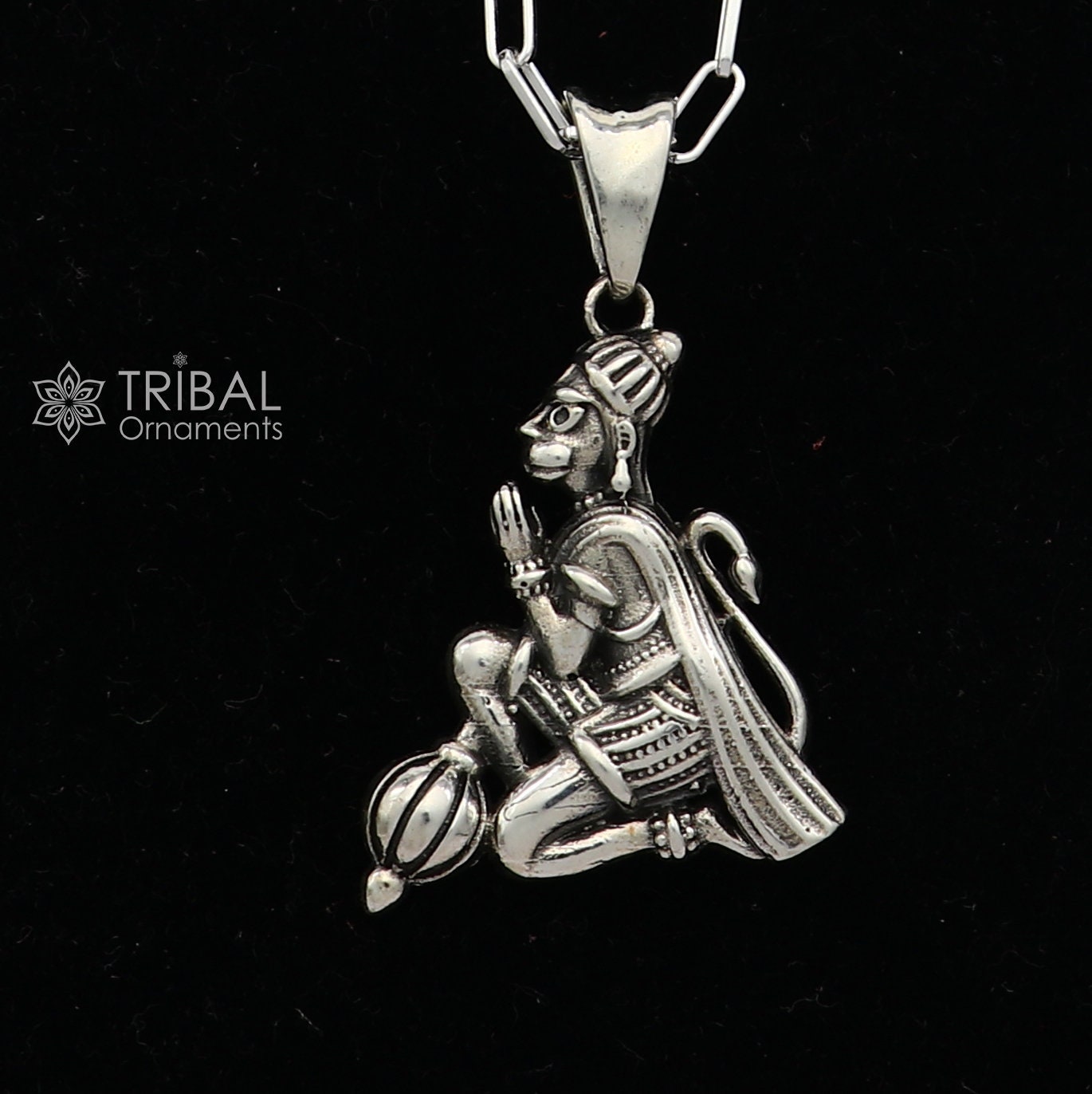 925 sterling silver Lord Hanuman pendant featuring divine Bajrangbali design, unisex Hindu jewelry, handmade tribal ornament.