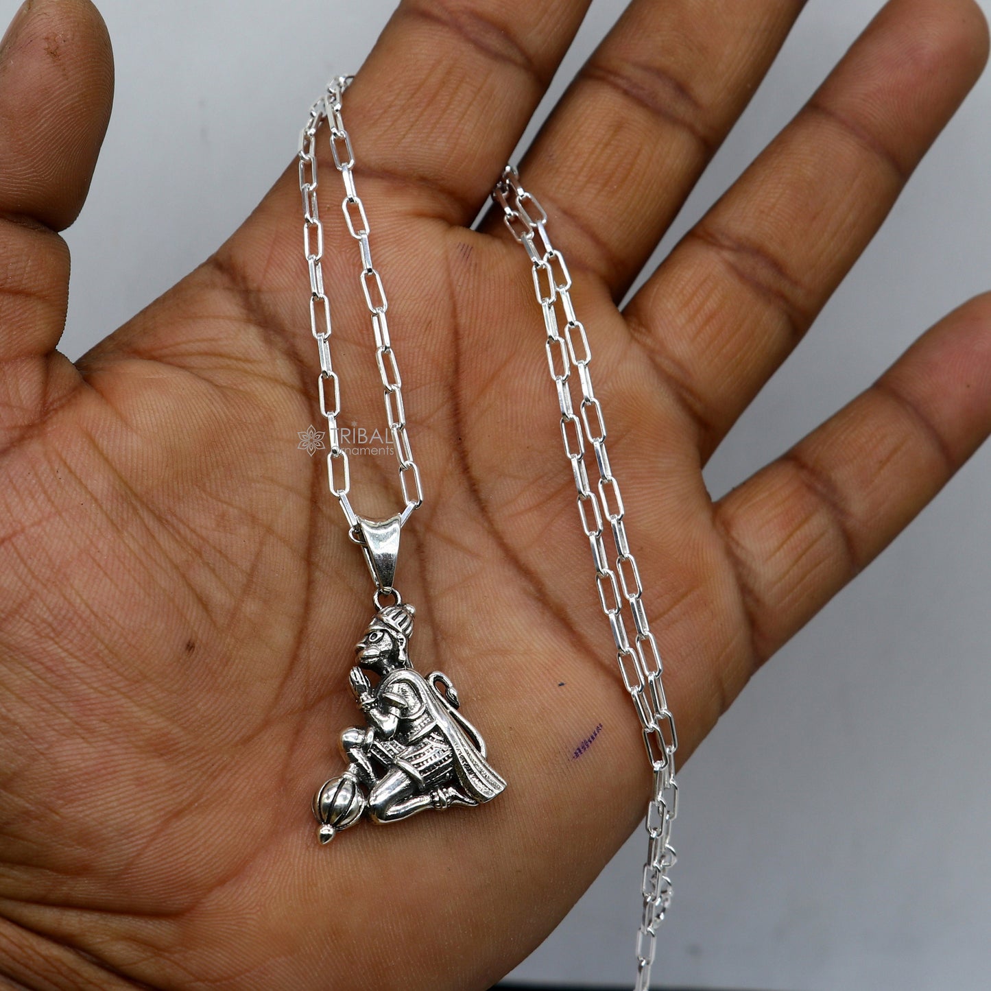 925 sterling silver Lord Hanuman pendant featuring divine Bajarangbali design, handmade unisex Hindu jewelry by TRIBAL ORNAMENTS