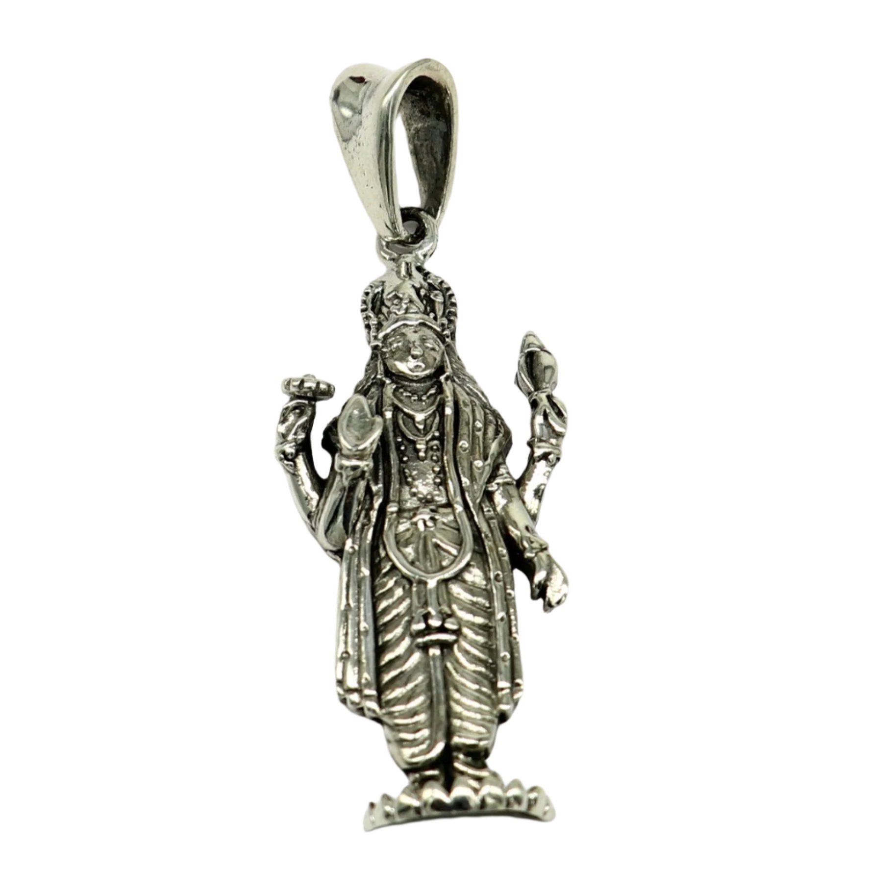 Unisex 925 sterling silver Vishnu pendant featuring intricate Hindu deity design, handmade tribal jewelry from India.
