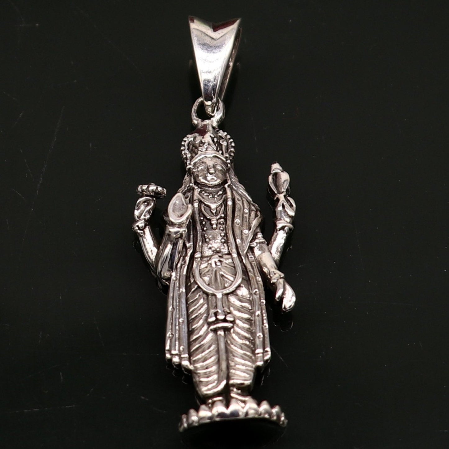 925 sterling silver Vishnu pendant from TRIBAL ORNAMENTS, handmade Hindu deity jewelry, unisex design, perfect for gifting.