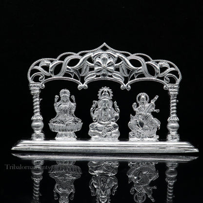 Solid Sterling silver handmade Hindu idols Laxmi,Ganesha and Saraswati statue, puja article figurine, home décor Diwali puja gift su532 - TRIBAL ORNAMENTS
