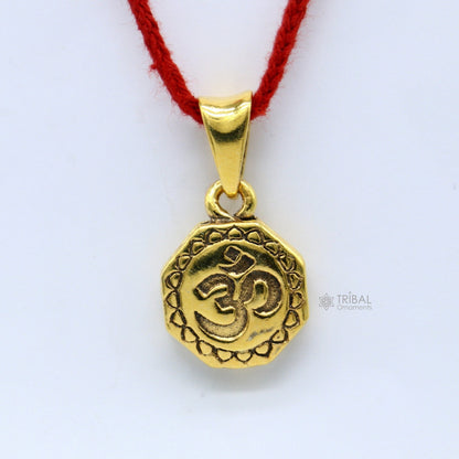 Sterling silver Hindu mantra 'Aum' OM pendant with gold polish, stylish jewelry piece symbolizing good luck and spiritual harmony.