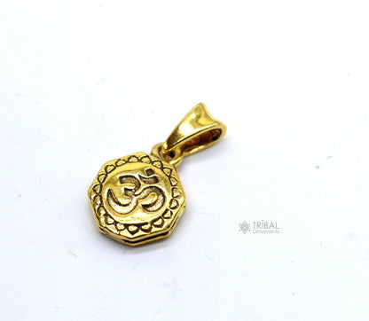 Sterling silver Hindu mantra Aum OM pendant with gold polish, stylish good luck jewelry by TRIBAL ORNAMENTS.