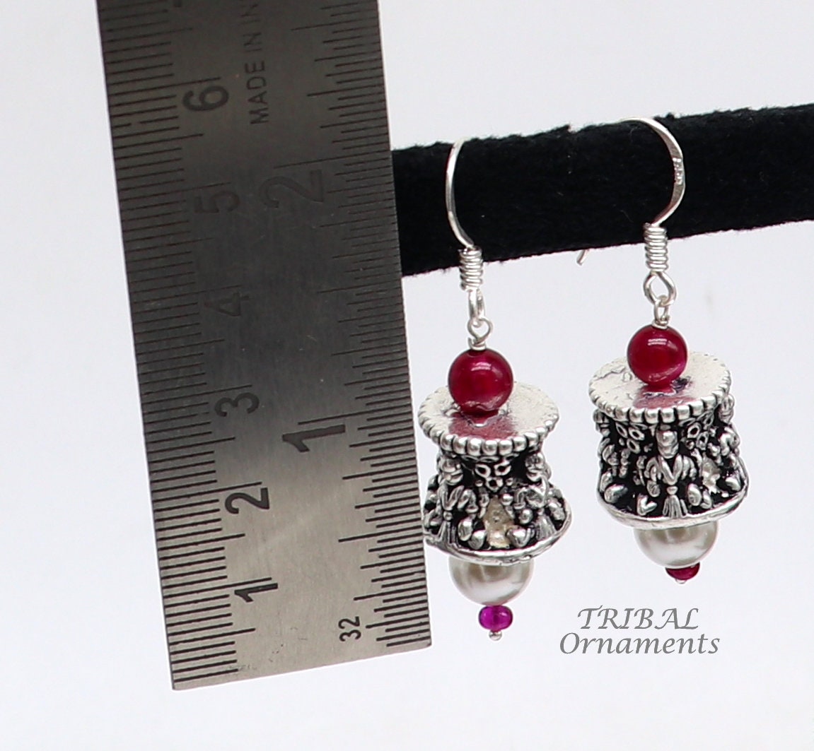 925 sterling silver handmade hook earrings, fabulous hanging pretty bells drop dangle earrings tribal ethnic jewelry from India s1086 - TRIBAL ORNAMENTS