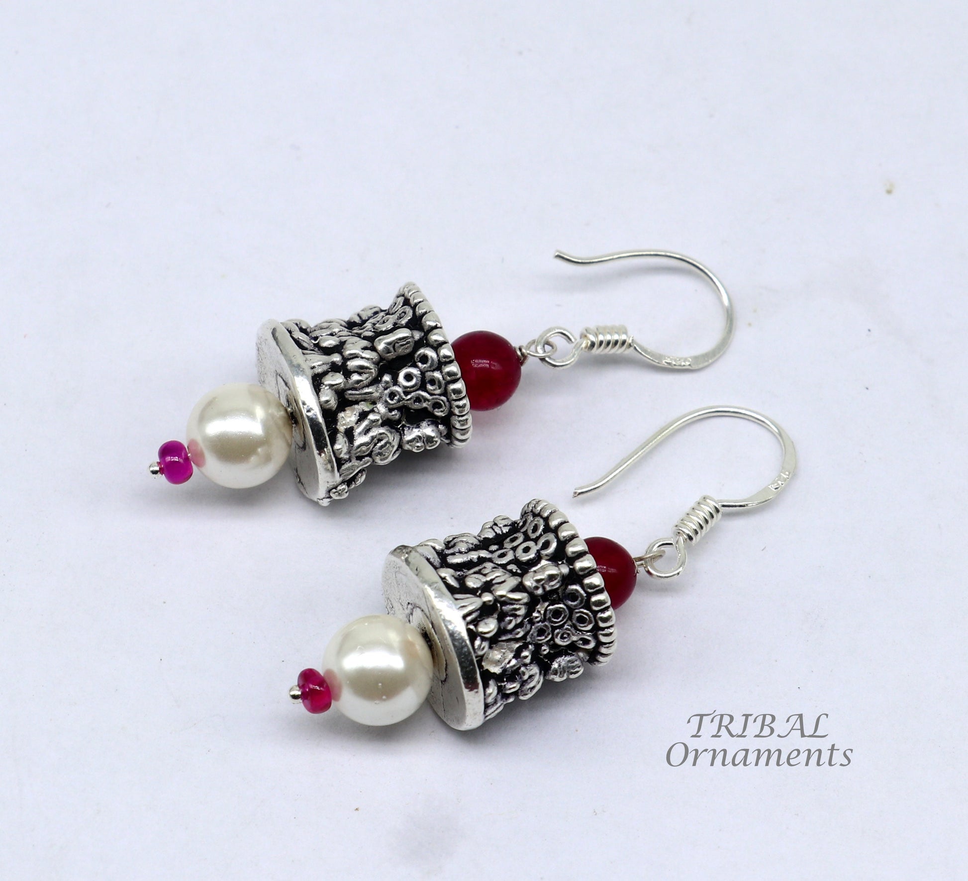 925 sterling silver handmade hook earrings, fabulous hanging pretty bells drop dangle earrings tribal ethnic jewelry from India s1086 - TRIBAL ORNAMENTS