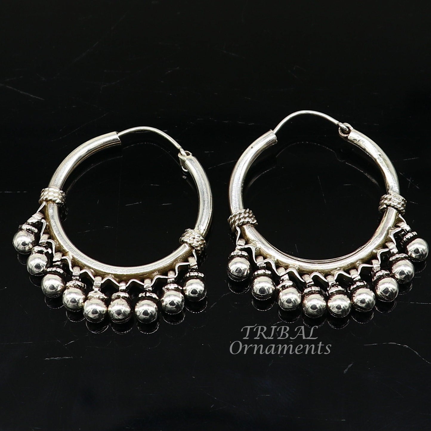 925 sterling silver handmade hoop earring elegant delegate Bali, hanging bells, hook, hoop gifting gorgeous tribal customized jewelry s1115 - TRIBAL ORNAMENTS